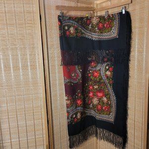 Vintage Wool Square Wrap Scarf Shawl with Fringe